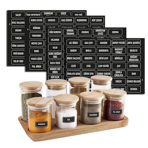 colortouch Gewürzetiketten Türkisch Selbstklebend, 140 St Baharat Etiketi, Schwarz Eckig Gewürzaufkleber, Wasserfest Gewürz Sticker