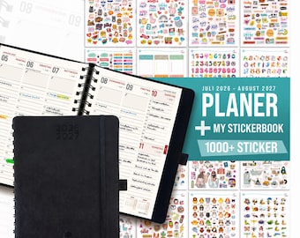 Taschenkalender 2026 2027 mit 1000 St Sticker Aufkleber Journal für Planer, A5 Monatsplaner, 30 Minuten-Intervalle 14 Monate Kalender