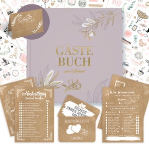 Gästebuch Hochzeit mit Fragen, 70 Hochzeitsspiel Aufgaben, 50 Hochzeitsquiz, 52 Postkarten, 10 Blatt Hochzeitsaufkleber, 50 Tischkarten
