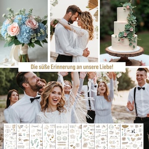 May include: A set of 10 sheets of wedding stickers with gold and white designs. The stickers feature various illustrations and text, including hearts, flowers, and the words "Love", "Yes", "True Love", and "Hochzeit".