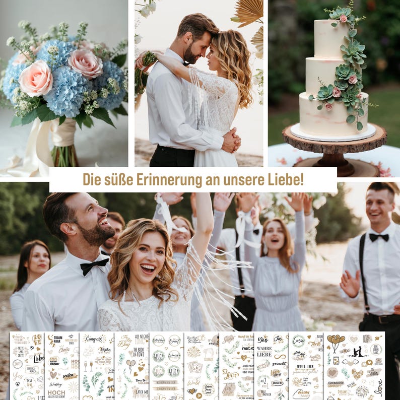 May include: A set of 10 sheets of wedding stickers with gold and white designs. The stickers feature various illustrations and text, including hearts, flowers, and the words "Love", "Yes", "True Love", and "Hochzeit".
