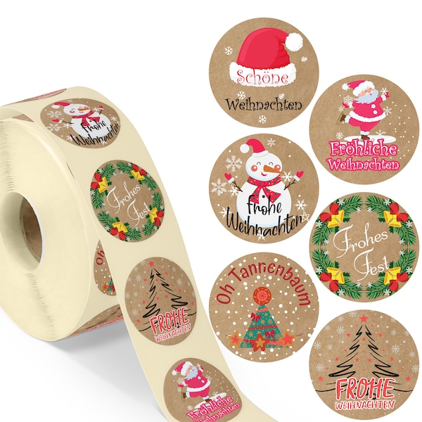 colortouch Aufkleber Weihnachten Sticker - 500 Stück Kraftpapier Weihnachtsaufkleber - Frohe Weihnachten 35 mm Rund Rolle Weihnachtssticker