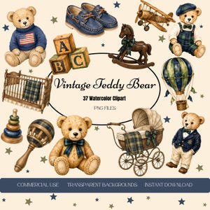 May include: A collection of watercolor clipart featuring teddy bears, a wooden crib, a rocking horse, a hot air balloon, a toy airplane, baby shoes, alphabet blocks, a rattle, a stacking toy, and a vintage pram with the text Vintage Teddy Bear.