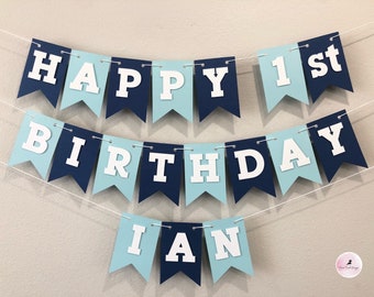 Navy Blue & Light Blue Happy Birthday Banner With Name. Birthday Banner Personalized. Boy Birthday Banner. Nautical Birthday Banner.