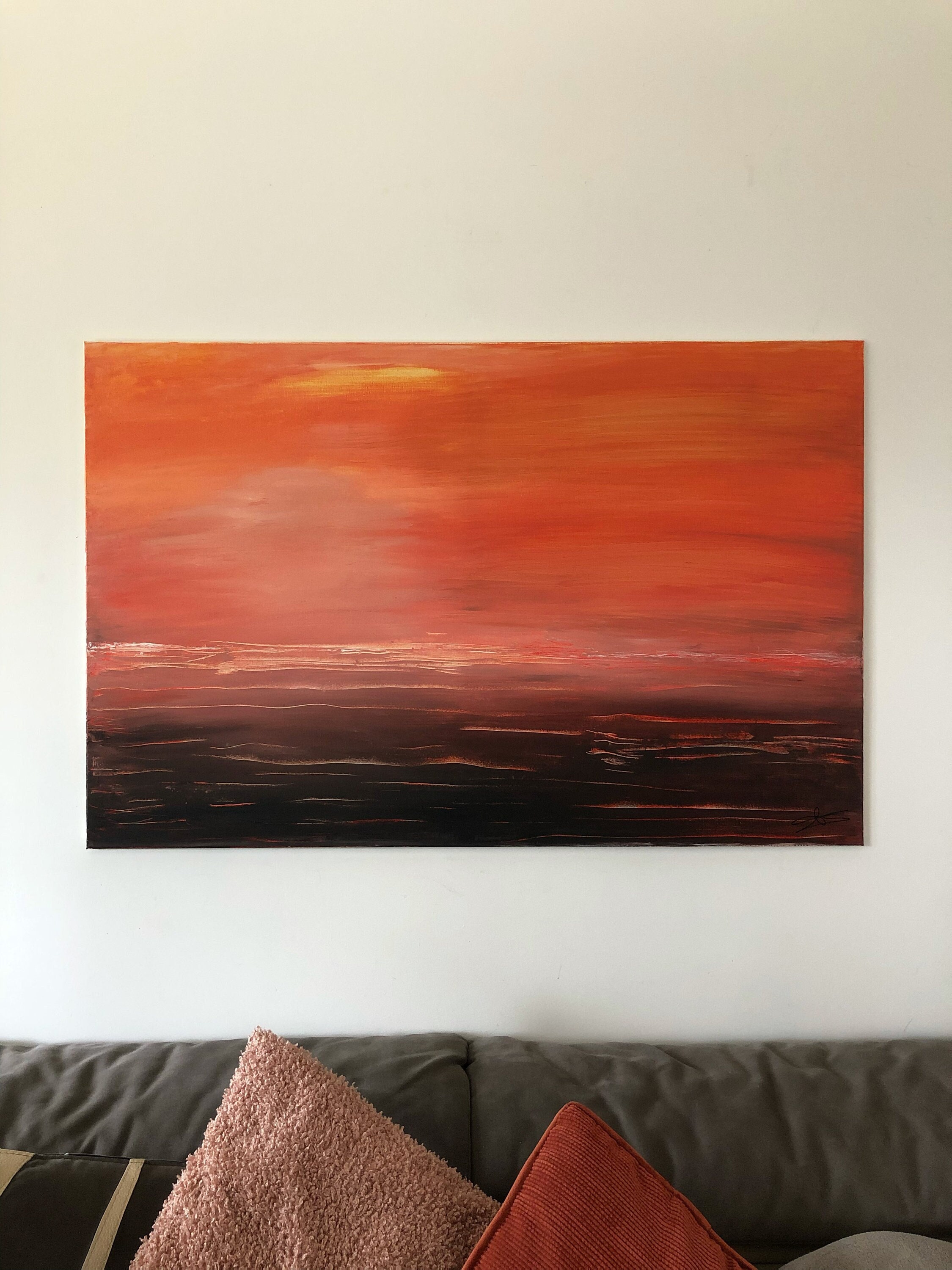 Peinture sur Toile à L'acrylique, Embrasement Art Mural Paysage Marins Orange, Décorations Murales