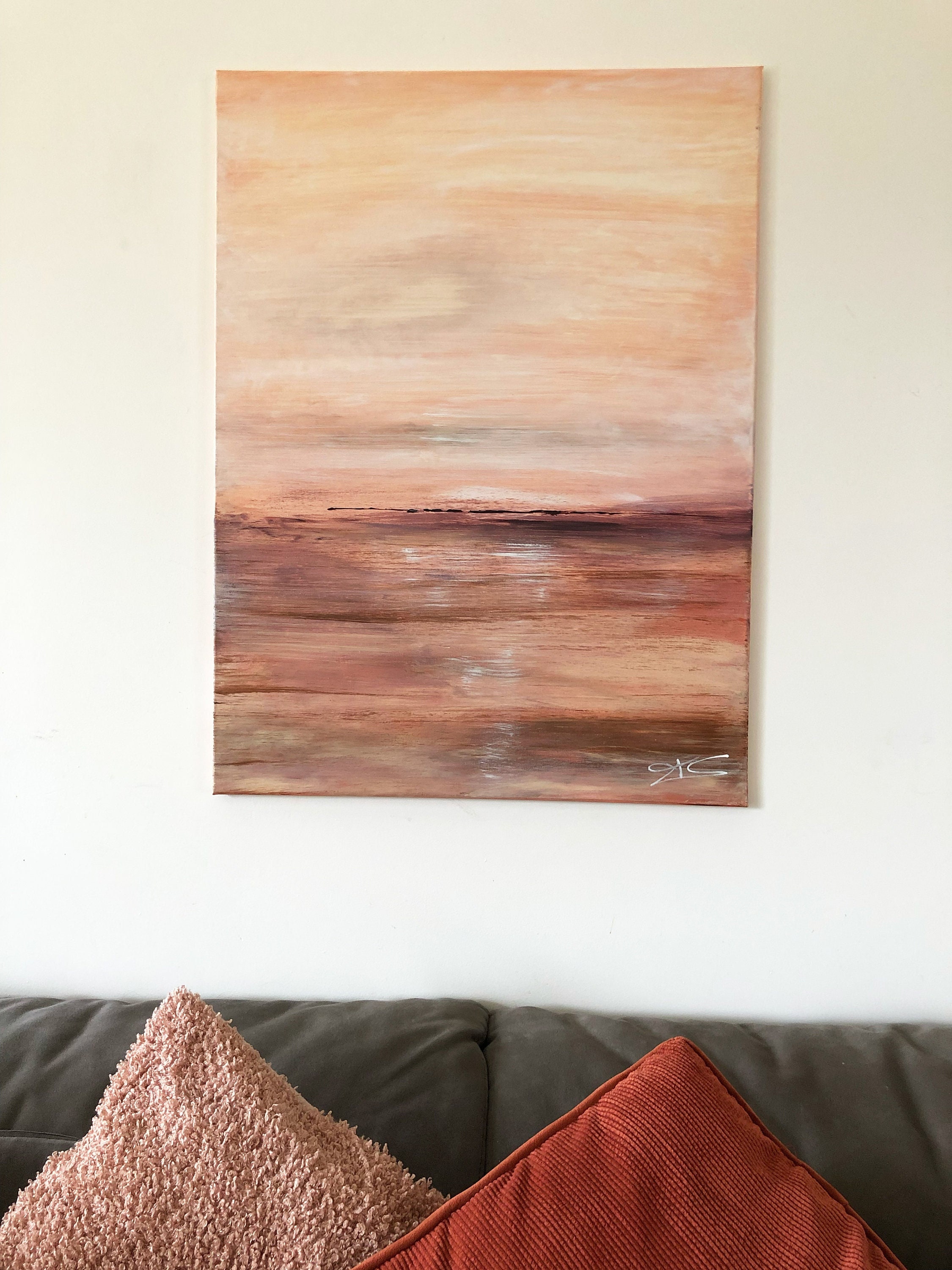 Peinture sur Toile à L'acrylique, Crépuscule Art Mural Paysage Marins Orange, Décorations Murales