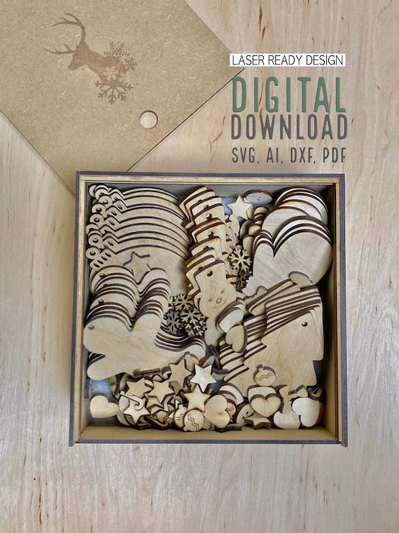 Christmas Ornaments for DIY Craft Kits, gift box for christmas kids coloring kits laser cut files, glowforge files svg, dxf, ai
