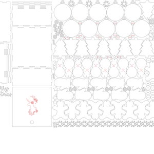 May include: Laser-cut Christmas ornament and box kit. Includes various shapes like ornaments, snowflakes, snowmen, gingerbread men, and a box with the text "Merry Christmas" and a reindeer design. Perfect for DIY holiday crafts.