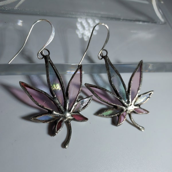 Pink and irridescent stained glass pot leaf earrings, cannabis jewelry, weed earrings, 420 earrings