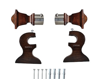 Handcrafted Wooden Curtain Finials and Brackets set, Dark Brown Beechwood