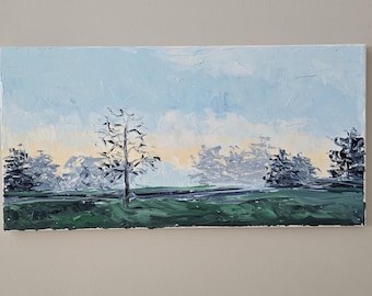 Original Impressionist Landscape Oil Painting - Foggy Landscape Art - 24" x 12"