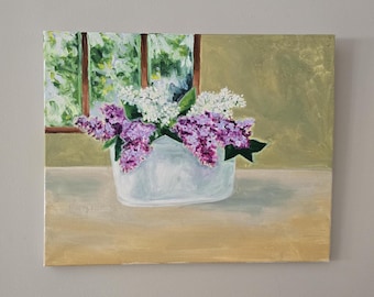 Original Impressionist Still Life Oil Painting - Lilacs in White Vase - 20" x 16"
