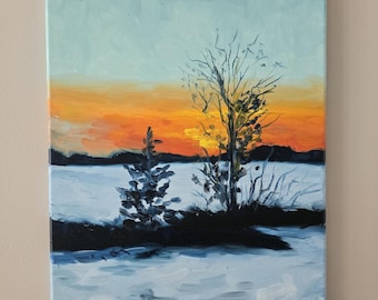 Original Impressionist Landscape Oil Painting - Winter Sunrise Wall Art - 14" x 18"