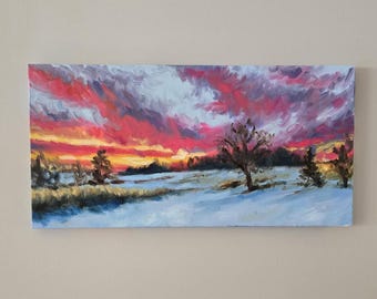 Original Impressionist Landscape Oil Painting - Expressive Sunset Wall Art - 24" x 12"