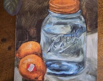 Blue Mason Jar Oil Painting Print: Cottagecore Home Decor,