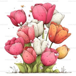 Puede incluir: Ilustración digital de un ramo de tulipanes en tonos rosa, blanco y naranja. Las flores tienen texturas detalladas y están rodeadas de hojas verdes y pequeñas mariposas. La obra de arte tiene un estilo de acuarela.
