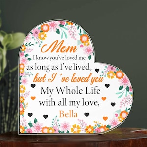 Personalized Acrylic Heart Plaque with Text & Flowers – Custom Mother’s Day Gift from Daughter, Birthday Gift for Mom