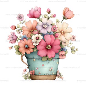 May include: Watercolor illustration of a bouquet of flowers in a light blue bucket. The flowers are in shades of pink, peach, white, and purple. The bucket has a handle and is decorated with small flowers.