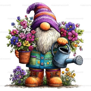 以下が含まれることがあります： 気まぐれな庭のノームのイラスト。ノームは紫色の帽子、緑と青のコート、オレンジ色のブーツを履いています。彼は水やり缶と色とりどりの花の入った鉢を持っており、さらに花に囲まれています。