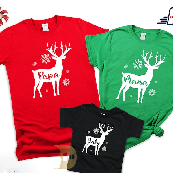 Matching Family Christmas Tshirts 2022, Personalised Name Christmas Reindeer Shirt, Papa Mama Baby Shirt, Christmas Gift for Women Men