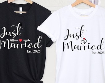 Just Married 2023 T-shirt, chemises de jeunes mariés cadeau, chemise de mariage, chemises de lune de miel, chemises de femme et de mari, chemises de couple assorties à la Saint-Valentin