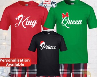 Personalised Family Christmas Pyjamas, Matching Christmas Shirt, King Queen Christmas Tshirt for Women Men, Christmas Couple Pyjamas UK