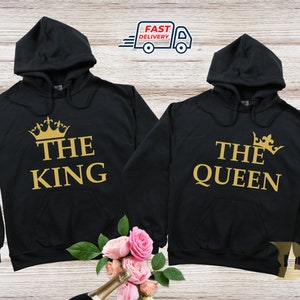 Couple Matching Valentines Gifts 2023, King and Queen hooded jumper, King of Spades, Queen of Hearts Matching Couple Hoodie Hubby wifey gift