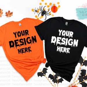 Halloween Couple Shirt Mockup 2022 UK, Gildan 18000 Black Orange Shirt Mockup, Boho Mockup, Fall Flatlay Mockup, Halloween Svg