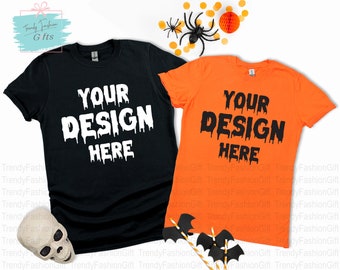 Halloween Couple Shirt Mockup 2022 UK, Gildan 18000 Black Orange Shirt Mockup, Boho Mockup, Fall Flatlay Mockup, Halloween Svg