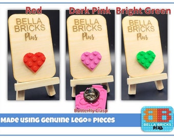 Coeur Broche Revers Cravate Insigne Épingle 3x3 Assiette fabriquée à l'aide d'assiettes LEGO® - Choix de 3 couleurs