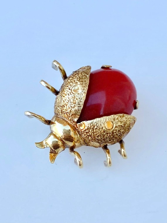 Sweetest Coral & 18k Gold Lady Bug Brooch/Pendant,