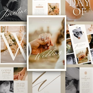 Può includere: Una guida ai prezzi dei matrimoni con il titolo "The Wedding" in elegante scrittura. L'immagine presenta mani con fedi nuziali, composizioni floreali e le parole "Timeline" e "Day Of".