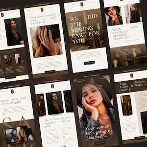 May include: A collection of digital marketing templates featuring a neutral color palette of cream, brown, and black. The layouts include text such as Your downloads are about to GET PRETTIER, WE DID THE BORING PART FOR YOU, and Your content isn't going to plan itself.