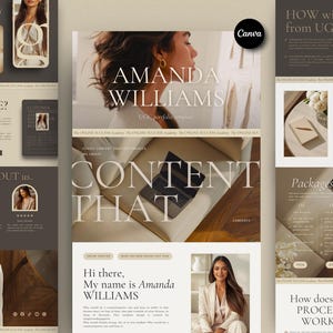 May include: A digital marketing portfolio template with a neutral color palette. The design includes the name "AMANDA WILLIAMS" and the text "CONTENT THAT". The Canva logo is visible in the upper right corner. The template showcases examples of work.