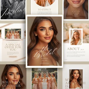 Może przedstawiać: Zbiór stron z poradnika makijażu ślubnego. Okładka przedstawia kobietę z brązowymi włosami i tytułem "the Bridal Makeup Guide". Inne strony zawierają teksty takie jak "To Expect" i "About Me."