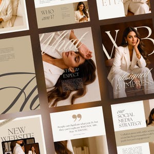 May include: A collection of marketing materials with a neutral color palette. The designs include the text "WHO am I?", "WHAT to EXPECT", and "designed to IMPRESS". The layout features images of a woman in a white suit.