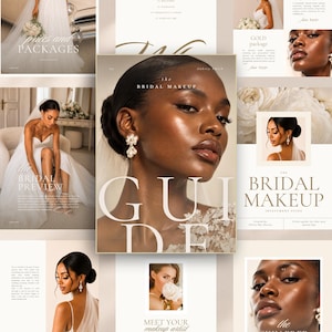 May include: A digital marketing template for a bridal makeup guide featuring multiple panels with photography of brides, floral arrangements, and makeup application. The text includes headings such as The Bridal Makeup Guide, Prices and Packages, and Investment Guide.
