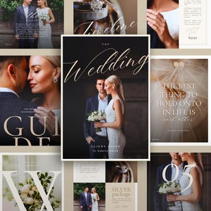 Peut inclure: Un collage d'images sur le thème du mariage. L'image centrale montre un couple tenant des fleurs. D'autres images incluent des gros plans d'alliances, le texte "Timeline" et "The Wedding", et la phrase "La meilleure chose à laquelle s'accrocher dans la vie, c'est l'un l'autre."