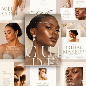Puede incluir: Una plantilla de marketing digital para una guía de maquillaje nupcial que presenta múltiples paneles con fotografías de personas maquilladas, imágenes florales, brochas de maquillaje y texto que incluye The Bridal Makeup Guide, My Services y Gold Package.