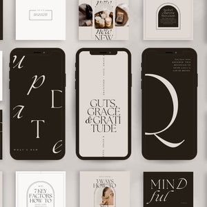 May include: A collection of digital marketing and social media graphics with text overlays. The graphics feature a variety of fonts and colours, including black, white, and beige. The text includes phrases like "GUTS, GRACE & GRATITUDE", "7 KEY FACTORS HOW TO", and "MINDful".