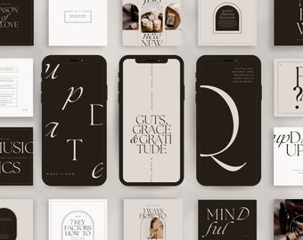 Puede incluir: Una colección de gráficos de marketing digital y redes sociales con superposiciones de texto. Los gráficos presentan una variedad de fuentes y colores, incluyendo negro, blanco y beige. El texto incluye frases como "GUTS, GRACE & GRATITUDE", "7 KEY FACTORS HOW TO", y "MINDful".