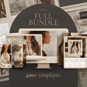 Puede incluir: Un paquete de marketing digital con una computadora, tableta y teléfono que muestran plantillas. La imagen presenta el texto "FULL BUNDLE" y "400+ templates". La paleta de colores es neutra con tonos beige y marrón.