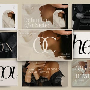 May include: A series of slide deck presentations for an online business course. The slides have a minimalist design with text including "Definition of a Niche" and "Why your business name matters". The colour palette is neutral with black and beige tones.