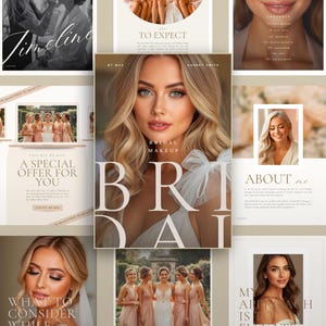 Può includere: Una copertina di rivista di trucco da sposa con la parola "BRIDE" a lettere grandi. La copertina presenta una donna con i capelli biondi e le parole "Bridal Makeup" sopra. Altre pagine mostrano foto di matrimonio e testo come "A Special Offer For You".