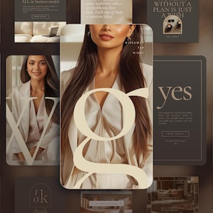 Op de afbeelding: Een verzameling sjablonen voor sociale media met een neutraal kleurenpalet. De sjablonen bevatten afbeeldingen van een vrouw, tekst en ontwerpelementen. Het woord "yes" wordt op één sjabloon weergegeven. Andere tekst omvat "Timeless", "Giveaway" en "All in business models".