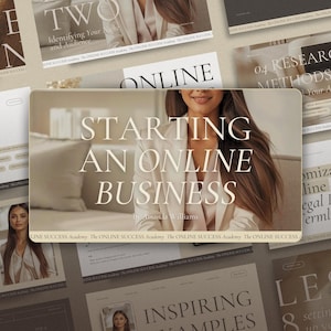 Puede incluir: Imagen promocional con el texto « STARTING AN ONLINE BUSINESS » en una fuente elegante. La imagen presenta a una mujer con una blazer, rodeada de otros materiales promocionales con texto como « ONLINE » y « RESEARCH METHODS TO Your Audience ».