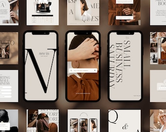 Puede incluir: Un collage de imágenes que promocionan una pequeña empresa. Las imágenes muestran a una mujer con un top marrón, una pantalla de teléfono con el texto "#SMALL BUSINESS SATURDAY" y una pantalla de teléfono con el texto "new in".