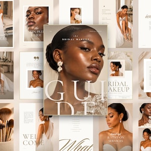 Puede incluir: Un conjunto de plantillas de marketing digital para servicios de maquillaje nupcial con varias páginas, fotografías de una persona con vestido de novia blanco, imágenes de maquillaje y texto, incluyendo The Bridal Makeup Guide.