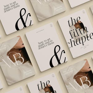 May include: A selection of beige and white workbooks and templates. The covers display stylish black typography, with phrases such as "how to set goals and to achieve them" and "the fifth chapter." Some covers include the ampersand symbol.