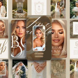 Op de afbeelding: Een collage van promotiemateriaal voor bruidsdiensten. De afbeeldingen tonen een blonde vrouw, trouwjurken en tekst zoals "Bruidspakketten" en "Beauty Products". Het kleurenpalet is zacht, met beige, bruine en gouden tinten.
